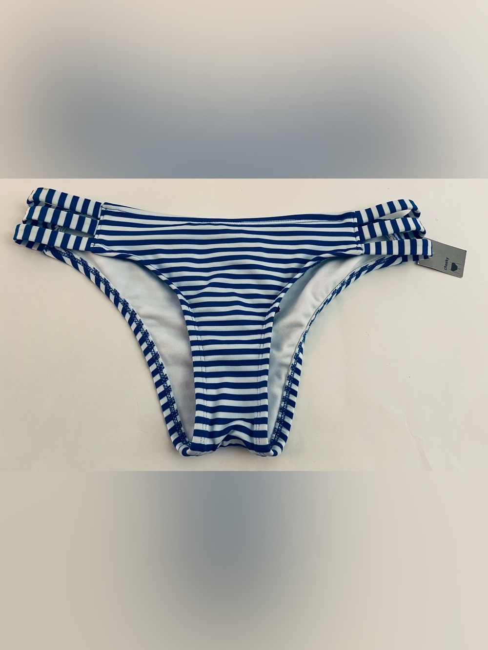 Mossimo Cheeky Bikini Bottom Womens Small Blue White Striped Swim Bottom NWT